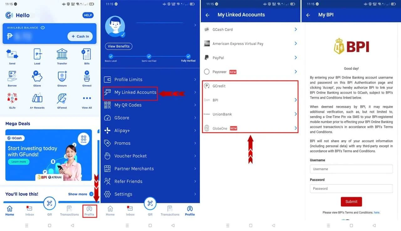 GCash My Linked Accounts and GCredit steps